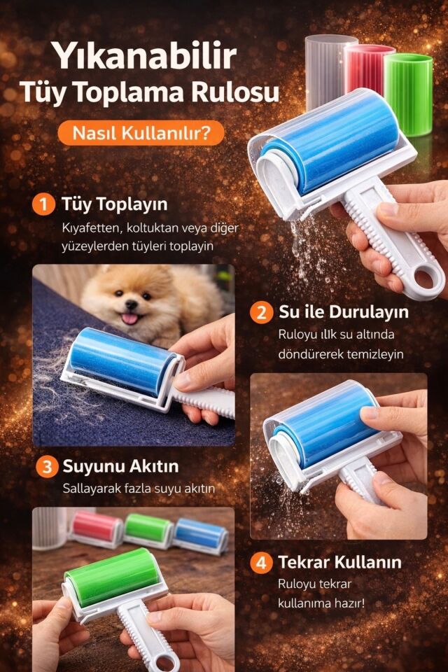 Yıkanabilir, Pratik Tüy ve Toplama Rulosu Kedi Köpek Hayvan Tüyü Temizleme Aparatı