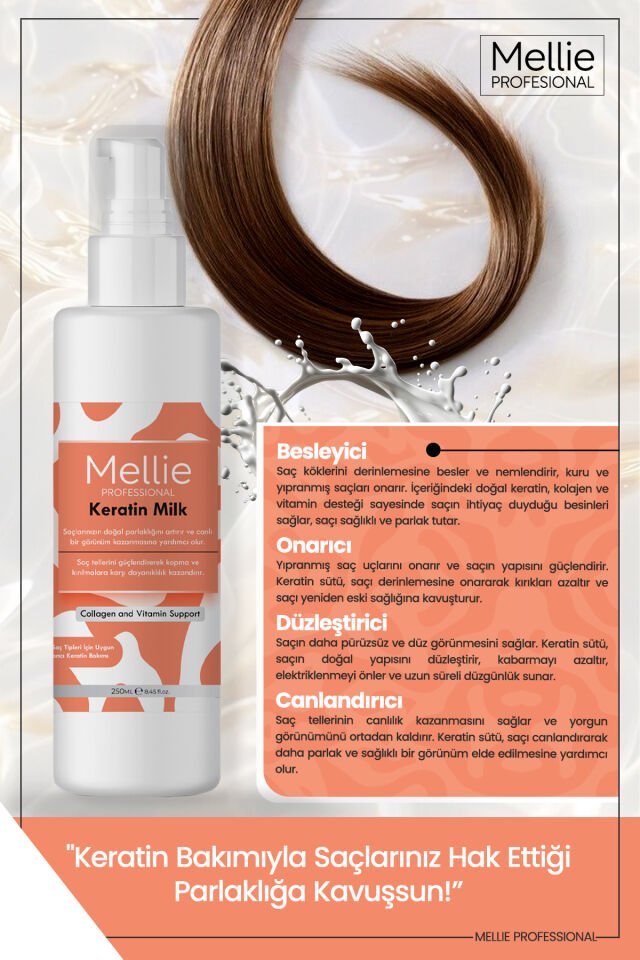 Keratin Saç Bakım Sütü, Biotin ve Collagen İçeren Besleyici ve Onarıcı, Durulama Gerektirmez 250ML