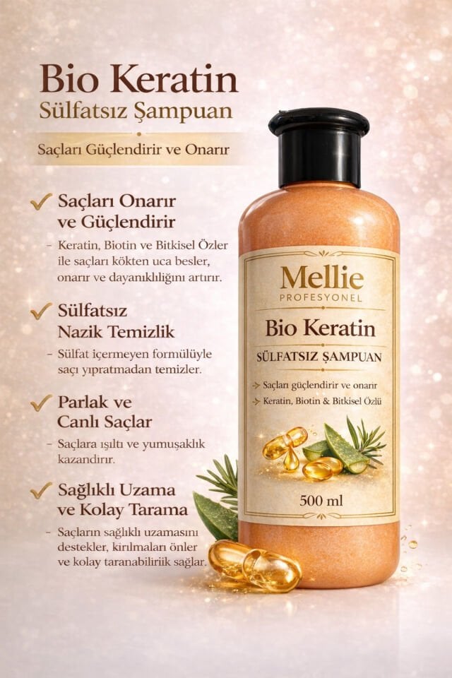 Bio Keratin ve Kolejen Saç Dökülme Karşıtı, Onarıcı Besleyici Sülfatsız Şampuan 500 ml