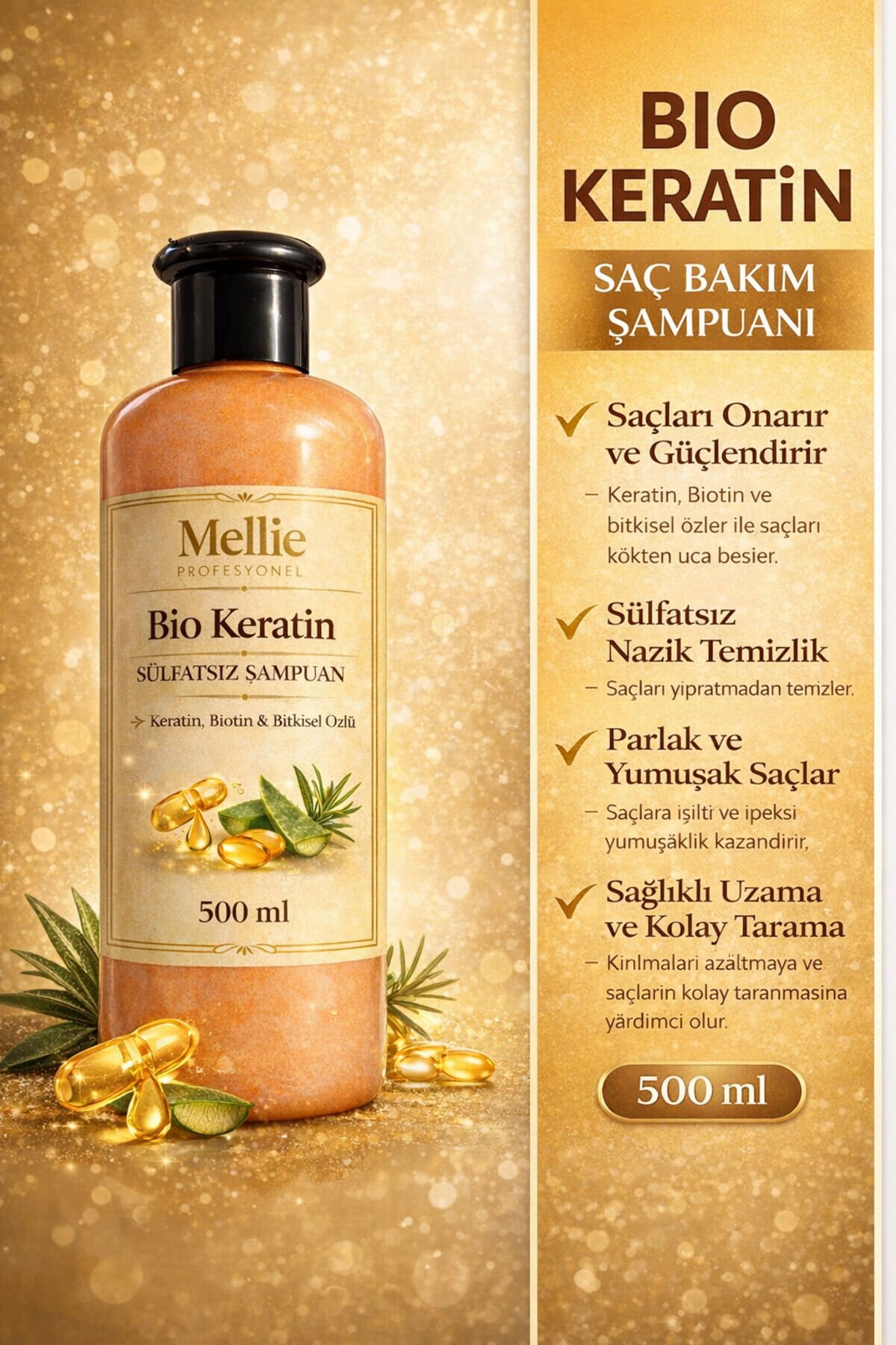 Bio Keratin ve Kolejen Saç Dökülme Karşıtı, Onarıcı Besleyici Sülfatsız Şampuan 500 ml